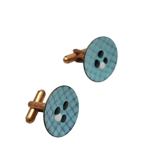 Blue Enamel Modernist Copper Round Cufflinks Vintage - Picture 2 of 4